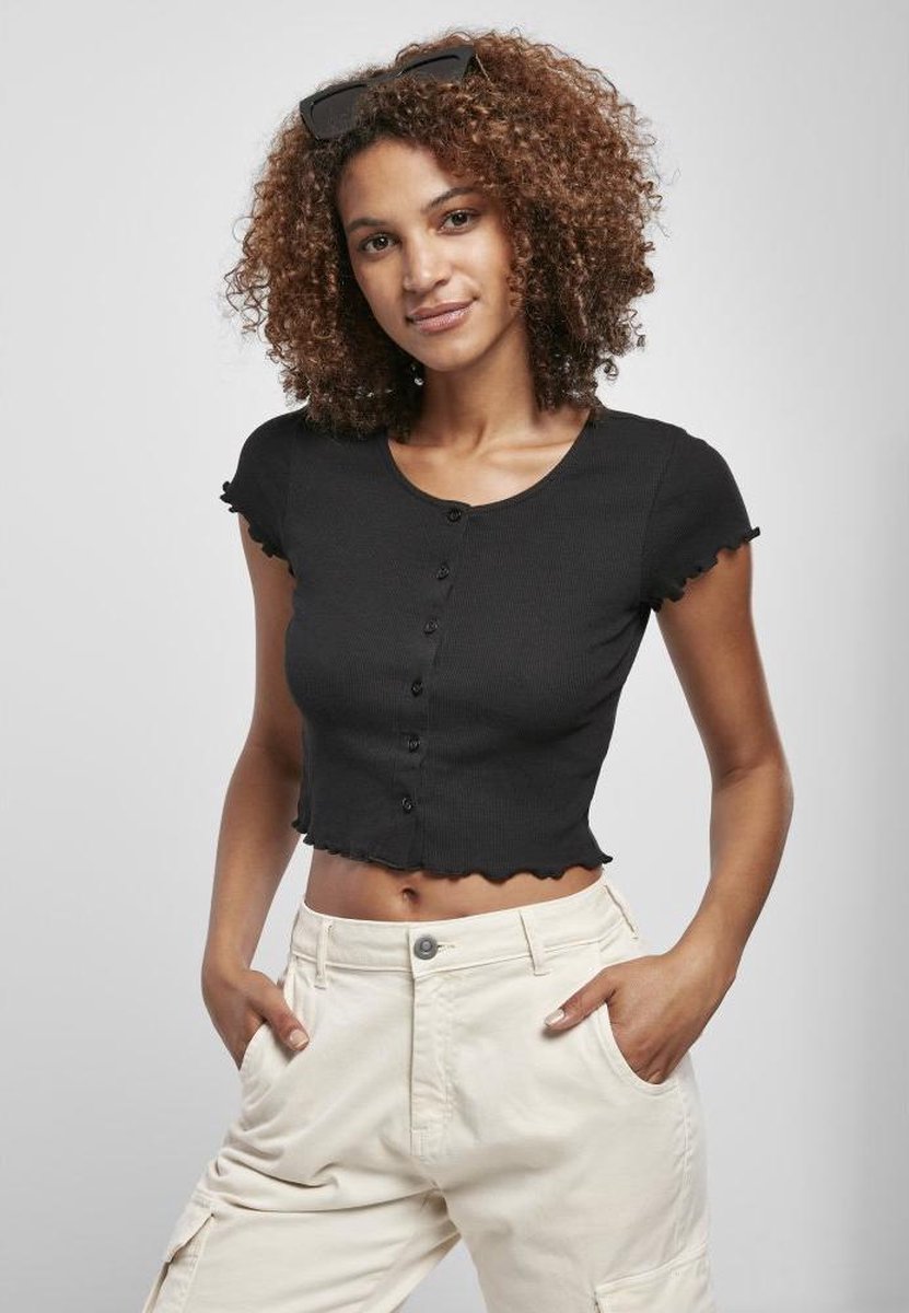 Urban Classics Cropped Button Up Rib Tee Dames T-shirt – XS Zwart
