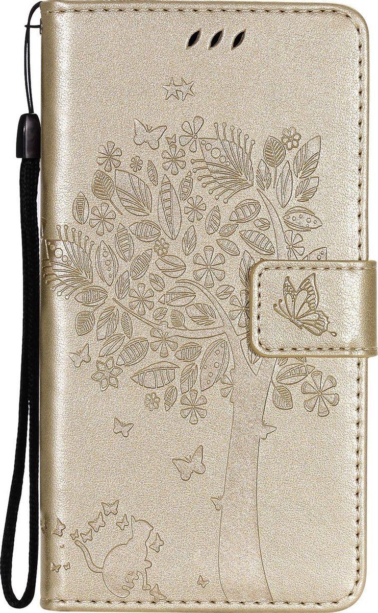 Mobigear Telefoonhoesje geschikt voor Samsung Galaxy S21 Hoesje | Mobigear Tree Bookcase Portemonnee | Pasjeshouder voor 2 Pasjes | Telefoonhoesje voor Pinpas / OV Kaart / Rijbewijs - Goud