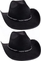 2x stuks zwarte cowboyhoeden met koord voor volwassenen. Carnaval en verkleed hoeden. Western, sheriff, cowboys