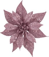 3x stuks decoratie bloemen kerststerren roze glitter op clip 18 cm - Decoratiebloemen/kerstboomversiering/kerstversiering