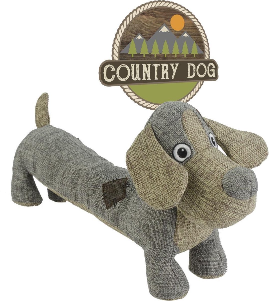Country Dog Lucky - Honden speelgoed - Honden speeltje met piepgeluid - Honden knuffel gemaakt van duurzame materialen - Dubbel gestikt - Extra lagen - Met krakende vulling - Voor trek spelletjes of apporteren - Grijs/Bruin - 35x18cm