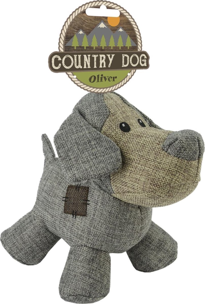 Country Dog Oliver - Honden speelgoed - Honden speeltje met piepgeluid - Honden knuffel gemaakt van duurzame materialen - Dubbel gestikt - Extra lagen - Voor trek spelletjes of apporteren - Grijs - 21x21cm