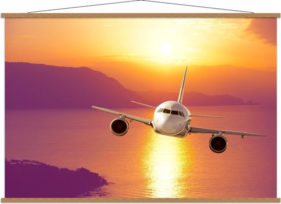 Schoolplaat – Vliegtuig met Zonsondergang - 150x100cm Foto op Textielposter (Wanddecoratie op Schoolplaat)