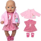 Dolldreams - Poppenkleding - Roze set met Jurkje, Vestje en Slofjes - Voor Poppen tot 43 CM