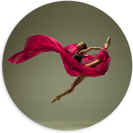 Dibond Wandcirkel - Dansende Ballerina in Roze Kleed - 100x100cm Foto op Aluminium Wandcirkel (met ophangsysteem)