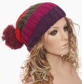 Trendy gebreide longbeanie muts met pompon kleur oranje - groen - paars maat one size