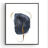 Poster Kunst Gouden Lijn Waterverf Donker Blauw - Abstract / Kunst Poster -Muurdecoratie - 70x50cm