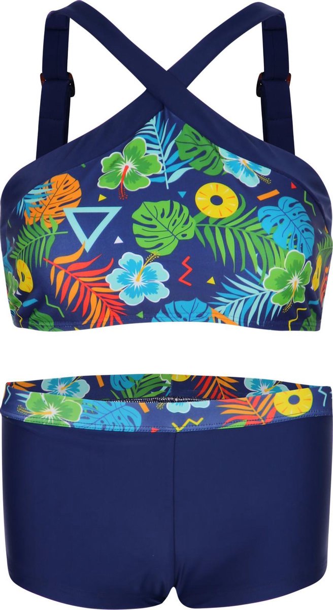 La V Bikini hipsterbroekje en croptop met brede bandje Tropical flowers 128-134 Tropical Navy