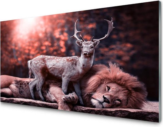 Ontwarren kamp Bederven Glasschilderij leeuw en hert| 120 X 80 CM | 4 mm gehard glas | Incl.  Blind... | bol.com