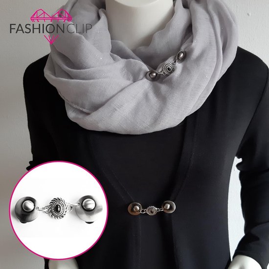 Fashionclip® - Vestsluiting - Zilverkleurig - Zwarte steen - Broche - Handgemaakt - Fashionclip
