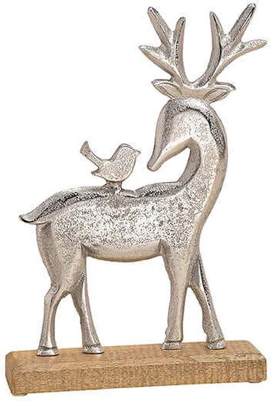 Kerst - Kerstdecoratie - Kerstdagen - Kerstmis Zilvermetalen hertje op mangohouten voet