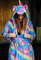 Unicorn damesbadjas – Dames badjas regenboog kleuren – Fleece badjas met oortjes – Fleece damesbadjas vrolijke kleuren – Damesbadjas capuchon – L/XL