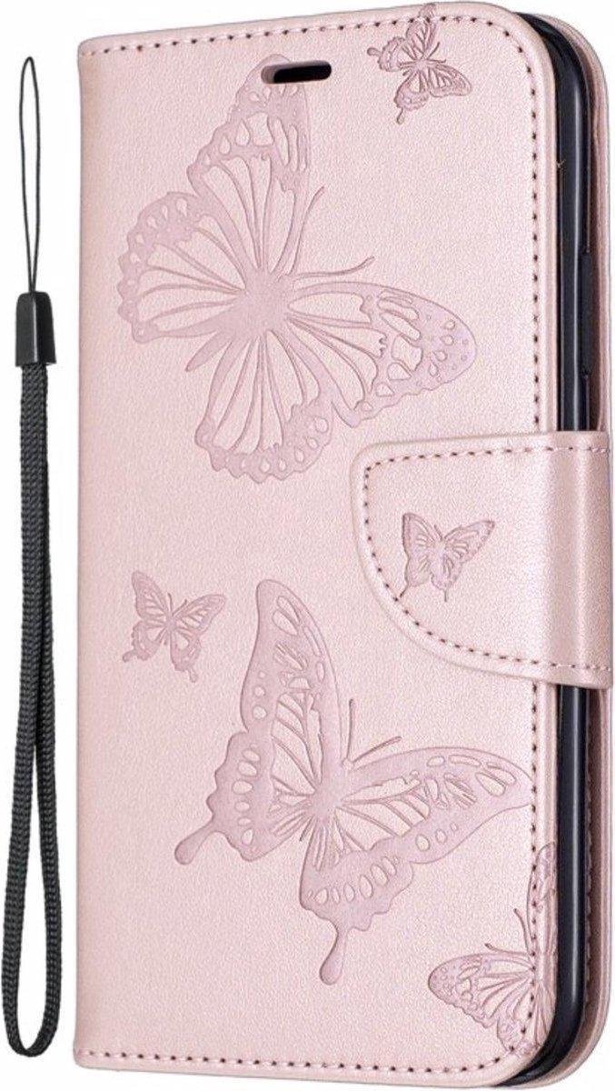 Geschikt voor Apple iPhone 12 Bookcase - Roze - Vlinders - Portemonnee Hoesje