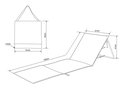 Schematische tekening van een grijze strandmat met afmetingen.
