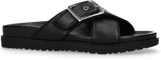Manfield - Dames - Zwarte leren slippers met zilverkleurige gesp - Maat 39  | bol.com