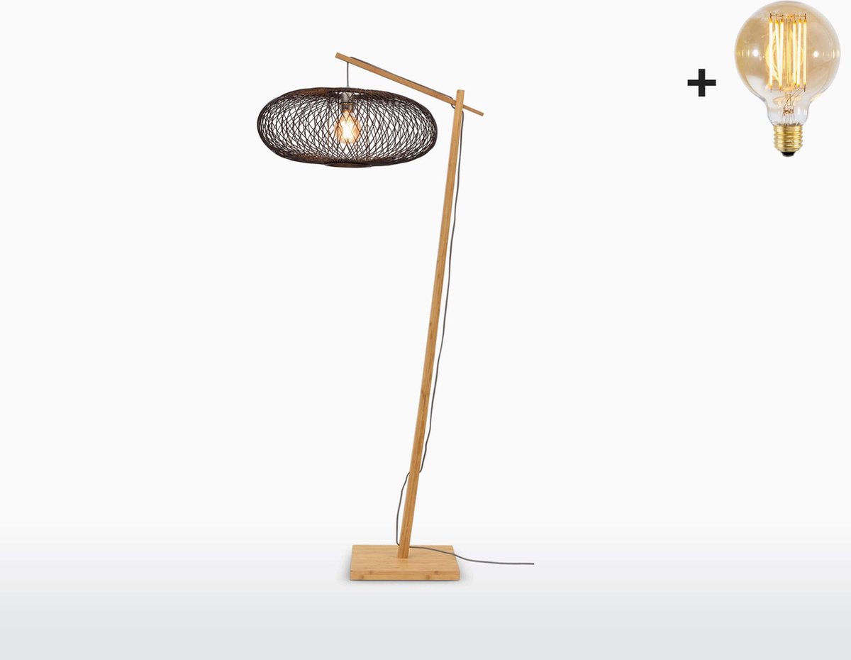Vloerlamp - CANGO - Bamboe Voetstuk - Zwarte Kap (60x25cm) - Met LED-lamp