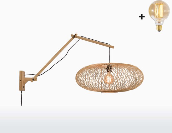 Wandlamp met Lange Arm - CANGO - Bamboe - Naturel Kap (60x25cm) - Met Gloeilamp