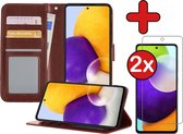 Samsung A52 Hoesje Book Case Met 2x Screenprotector - Samsung Galaxy A52 Hoesje Wallet Case Portemonnee Hoes Cover - Bruin