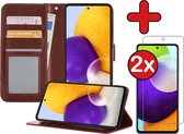 Hoesje Geschikt voor Samsung A52 5G Hoesje Book Case Hoes Portemonnee Cover Walletcase Met 2x Screenprotector - Hoes Geschikt voor Samsung Galaxy A52 5G Hoes Bookcase Hoesje - Bruin