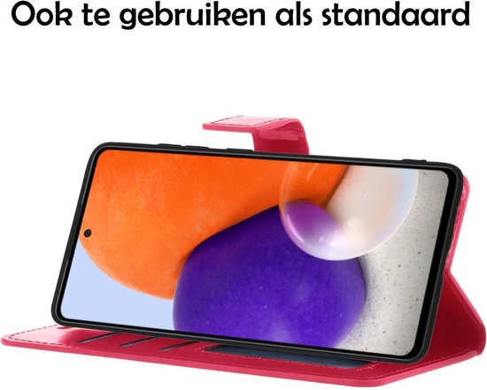 Étui pour téléphone rose foncé sans cadre, avec un smartphone affichant des bulles oranges et violettes.