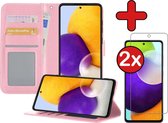 Samsung A52 Hoesje Book Case Met 2x Screenprotector - Samsung Galaxy A52 Hoesje Wallet Case Portemonnee Hoes Cover - Licht Roze