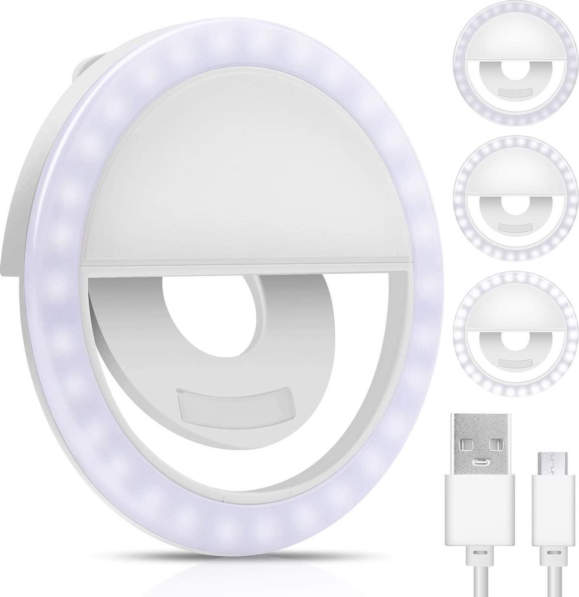 Doodadeals® | Premium Selfie Ring Light Clip | Selfie Light | Selfie Ring Light Oplaadbaar | Ringlamp | Ring Lamp Selfie | 3 Lichtstanden | Met USB-kabel | Wit