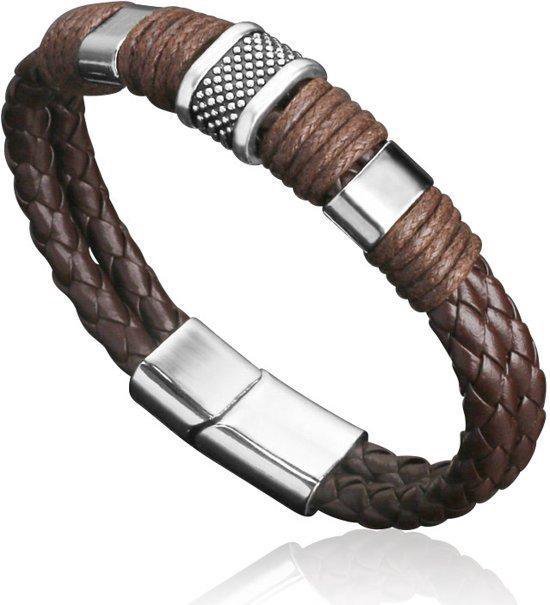 Armband Heren - Bruin Leer met Stalen Accenten - Armbanden - Cadeau voor Man - Mannen Cadeautjes