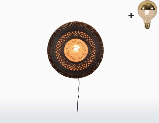 Wandlamp - PALAWAN - Zwart/Naturel Bamboe - Small (40x15cm) - Met LED-lamp