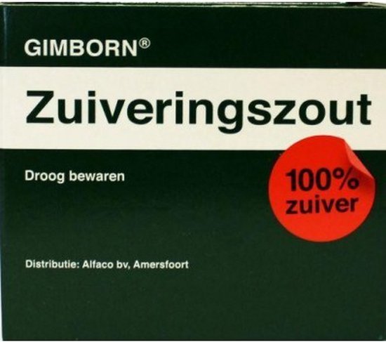 Gimborn Zuiveringszout, met tekst 'Droog bewaren' en rode cirkel '100% zuiver'.