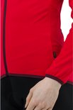 Zijzicht van rode fietsshirt met lange mouwen, donkerrode bies aan zoom en manchetten.