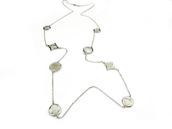 lange zilveren collier halsketting halssnoer gerhodineerd verguld Model Blossom met parelmoerkleurige stenen