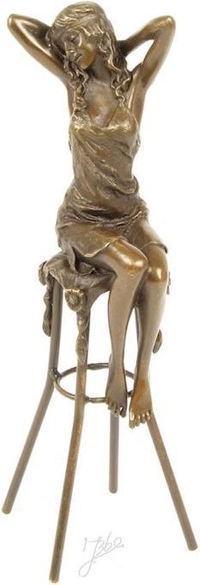 Bronzen beeld - dame op barkruk - 25.5cm hoog