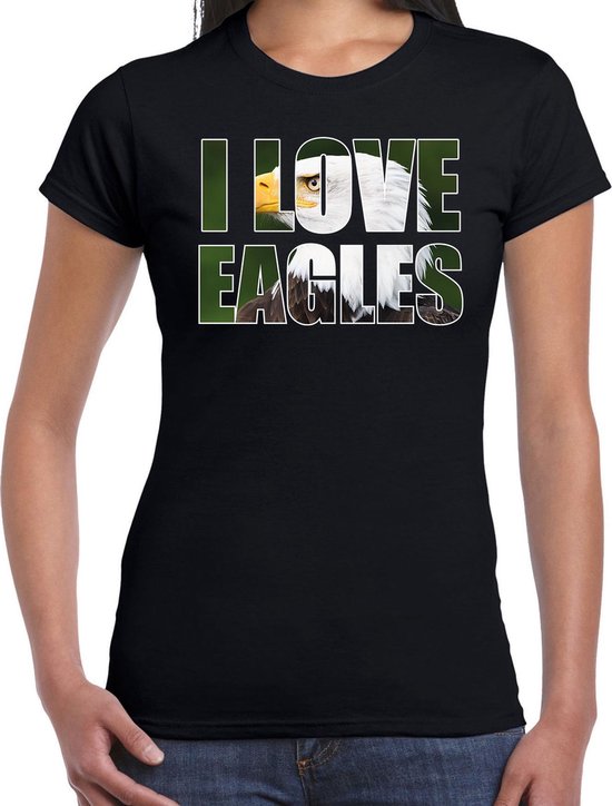 Tekst shirt I love eagles met dieren foto van een arend vogels zwart voor dames - cadeau t-shirt arenden liefhebber XS