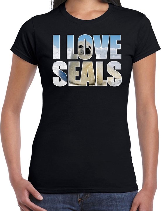 Tekst shirt I love seals met dieren foto van een zeehond zwart voor dames - cadeau t-shirt zeehonden liefhebber XS