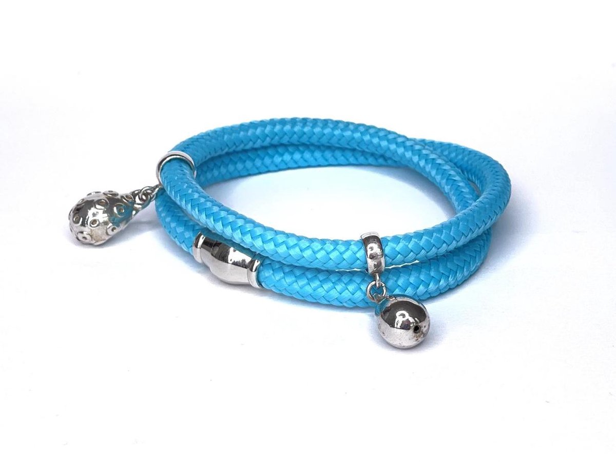 NIEUW - Jolla - dames wikkelarmband - zilver - touw - bedels - Charm Rope - Blauw