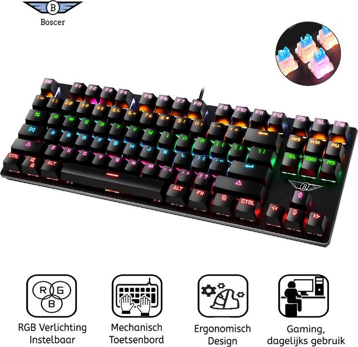 Boscer® Mechanisch Toetsenbord | RGB LED Verlichting | Gaming Keyboard | QWERTY | Blue Switch | Zwart