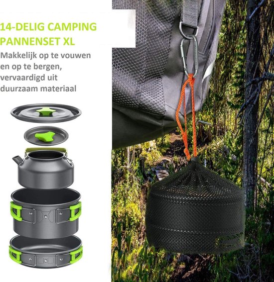 CampGear® - Camping pannenset XL -  Pannenset - 14-delige Camping pannenset - Camping servies - Camping kooktoestel - Camping spullen - Camping Accessoires - Koekenpan