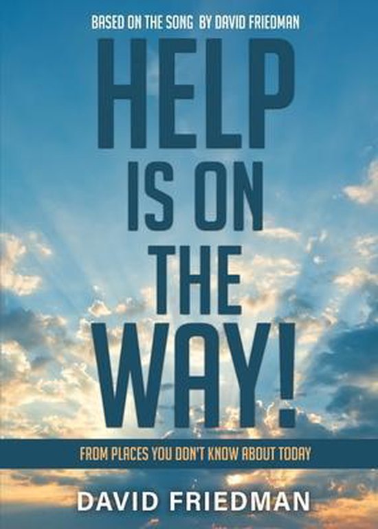 Boek 'Help is on the Way!' met tekst op een achtergrond van een hemel met wolken en zonnestralen.