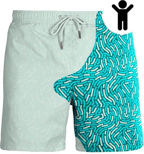 Turquoise zwembroek met een wit lijnpatroon, verdeeld in twee helften.
