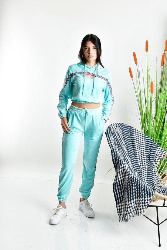 Trendy Dames Velvet Turquoise Huispak/ loungewearsets 2delig Maat L - 40 Dames Huispak | Vrijetijdspak | Pyjamaset | Loungewearset | Capushon
