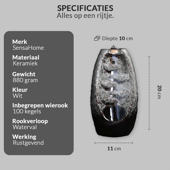 SensaHome Wierook Houder - Wierook waterval - Wierook Kegel Brander - Aromatherapie Geur Brander van Keramiek + 100 kegels - Wit