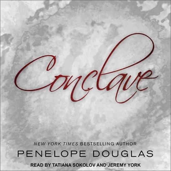 Boekomslag voor Conclave van Penelope Douglas, met de titel in rode sierlijke letters op een grijze marmerachtige achtergrond.