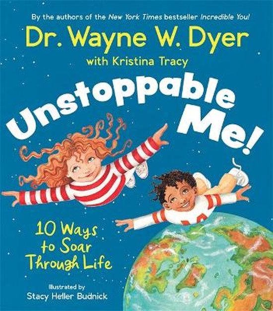 Boek 'Unstoppable Me!' met op de voorkant twee lachende kinderen met rode en witte gestreepte shirts, die boven de aarde vliegen.