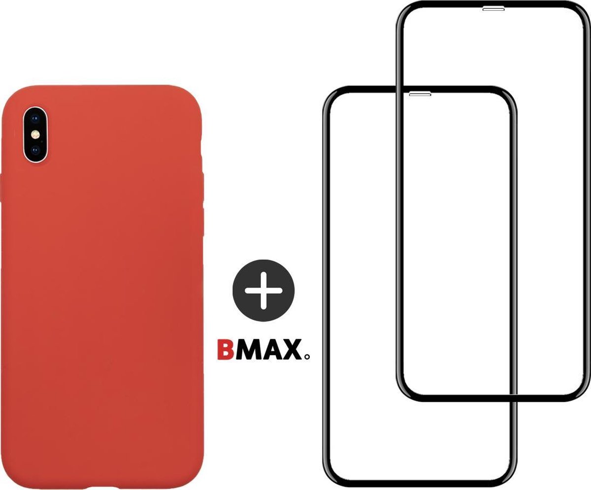 BMAX Telefoonhoesje geschikt voor iPhone X - Siliconen hardcase hoesje rood - met 2 screenprotectors full cover