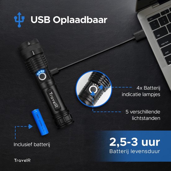 TravelR LED Zaklamp – USB Oplaadbaar – Waterproof – 3000 Lumen – Zwart |  bol.com