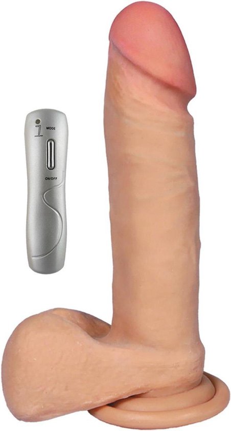 Foto: Power escorts levensechte realistische vibrator super handige afstandsbediening met draad net echt 17 5 cm lang 7 vibraties net echt materiaal cyberskin nog beter dan siliconen met zuignap lekker vet 5 7 cm met mooie cadeaubox