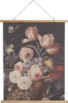 Clayre & Eef Wandkleed 80*2*100 cm Zwart, Roze Hout, Textiel Rechthoek Bloemen Wanddoek Wandhanger Wandkaart