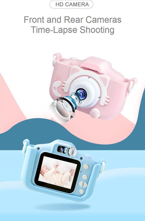 Digitale Kindercamera HD 1080p 32GB Inclusief Micro SD Kaart - Vlog Camera voor Kinderen - Digitaal Kinderfototoestel - Klein Formaat Speelgoed Camera - Roze kat - Roze