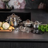 Herenthal - 10-delige RVS Pannenset met 2 Gratis Onderzetters - Marmercoating - Zilver