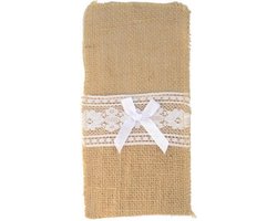 Vintage Jute Bestek houder / tas - Kant - Bruiloft - Wedding - Huwelijk - Feest - 10 stuks | Decoratie | 21.5 x 11 cm - 10 stuks - Slinger / Guirlande maken | Tafel versiering | Linnen - Natuurlijk materiaal | Strikken - Strikjes | Kerst - Uit eten!